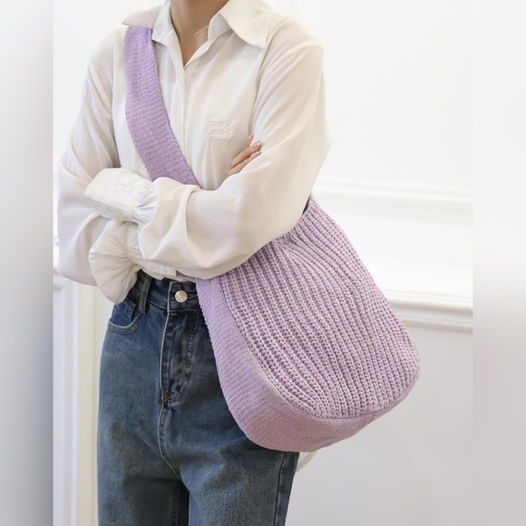 Lilac Hand Knit Crochet Sac Style Hobo Bag - Picture 2 of 8